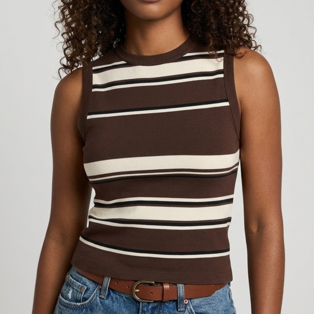 Madewell Tank Top Womens Size Small Brown Striped Knit Compact Cotton Shell NWT